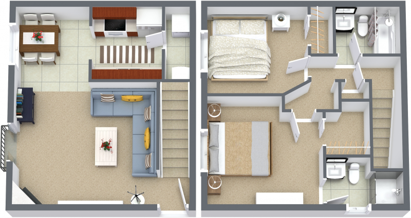Floor plan for 2 beds, 2 baths, 980 sqft